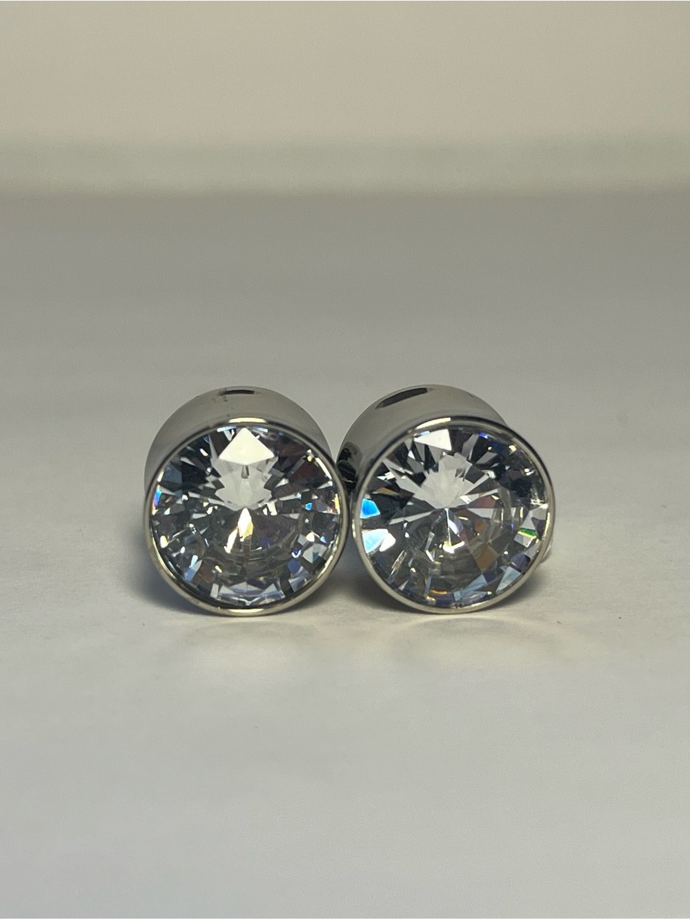 Classic Crystal Bezel Plug Earrings - Silver Tone